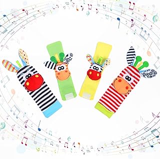 Vicloon Baby Rattle Socks Wrist Strap Rattles Set, 4pcs Foot Finders & Wrist Rattles for Infants, Baby Rattle Toy Animal Wrist Rattle Soft Bell Strap Development Toy Gift for 0-6 Month Babies Boy Girl