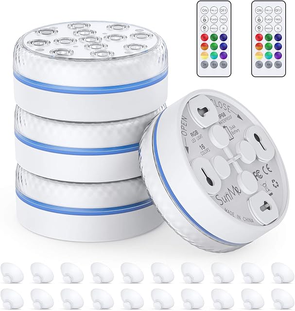 Submersible LED Lights with RF RemoteControl, Multicolor Underwater Pond Light with RGB 13-LEDbeads with MagneticSuction Cups for Hot Tub, Swimming Pool, SPA, Vase Base, Fish Tank (4 Pack)