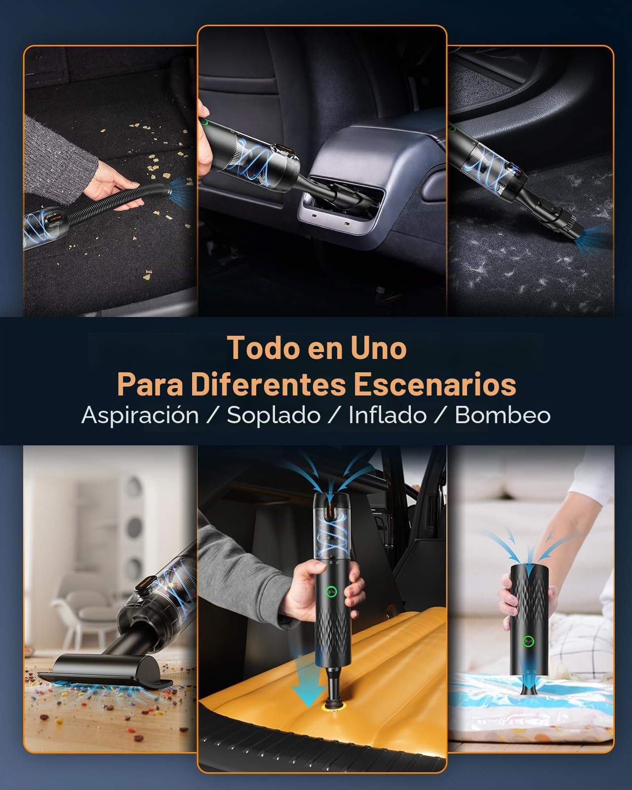 SEALIGHT Aspirador de Mano, 18000pa Aspirador Coche Potente, 2 Niveles de Succión, 40 Minutos de Autonomía, 9 En 1 Aspirador Y Soplador (Negro)