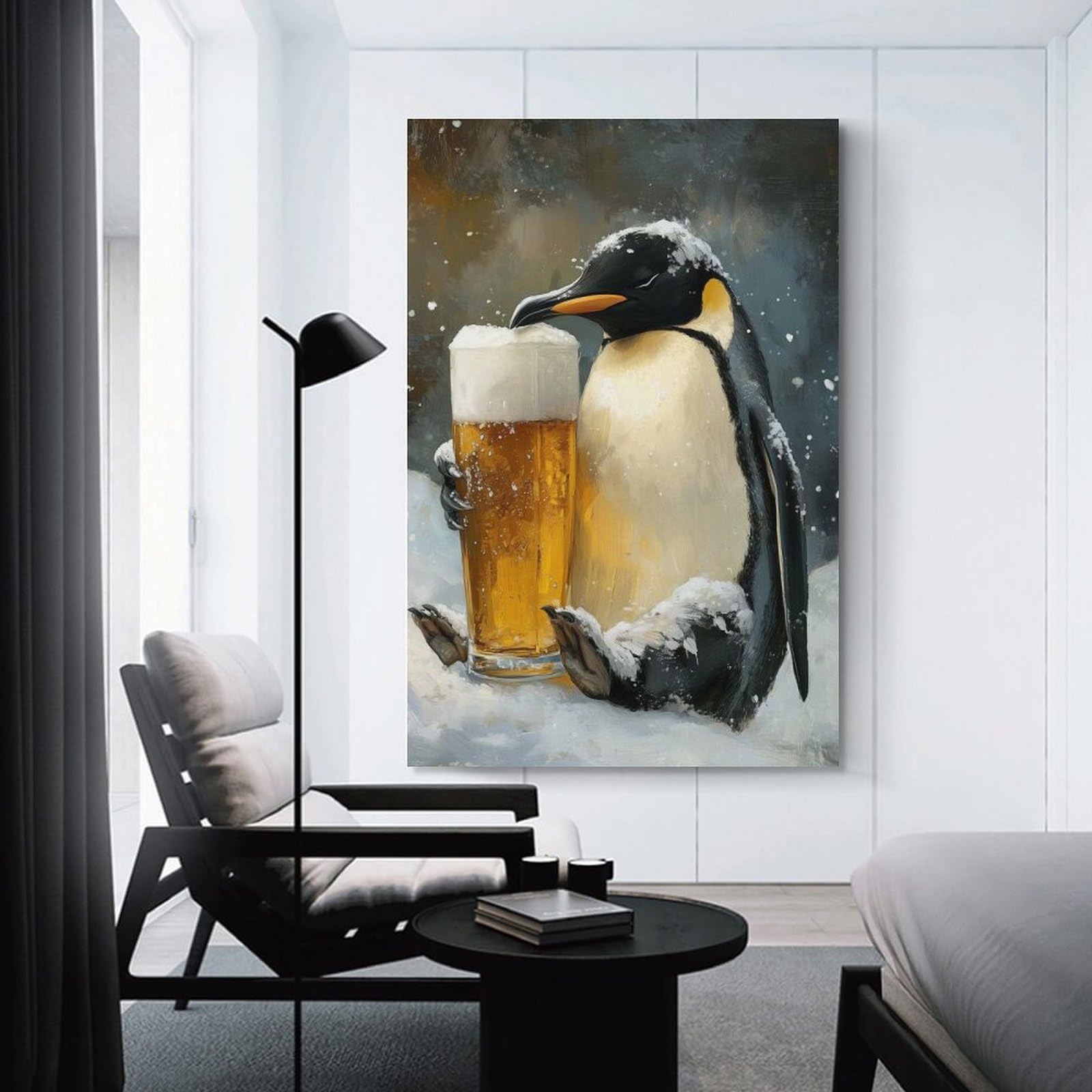 Junmoney Unframe-Style-17 Decorative Wall Artwork Penguin With Beer Glass In Snow, 20X30inch(50X75cm), For Contemporary Homes, Apartments Or Offices, An Easy Choice For New Home Styling