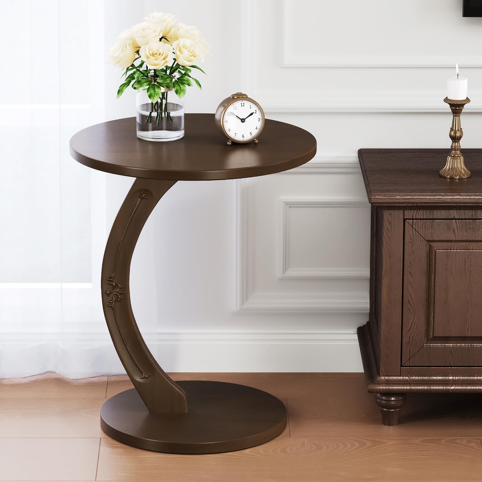 Uniclinens C-Shaped Solid Wood Round End Table - Side Table for Couch, Sofa Tables Slide Under Couch for Living Room, Small Nightstand for Small Space, Dark Walnut