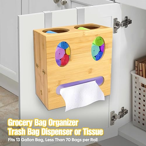 Miniatura 3 de Dispensador de bolsas de basura de madera, 3 en 1 de bambú para bolsas de comestibles y dispensador de bolsas de basura para bolsas de comestibles y