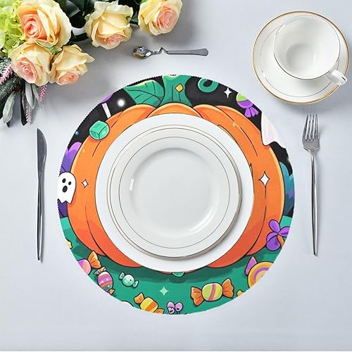 Miniatura 5 de Evil Orange Pumpkin for Halloween Table placemats Circle Cloth Waterproof Place mat manteles para mesa 15.4x15.4in Set of 6