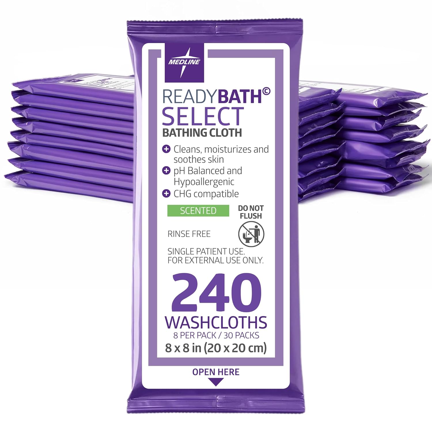 Medline ReadyBath SELECT Body Cleansing Cloth Wipes, Hypoallergenic & Scented, 8 Count Pack, White, (Pack of 30)
