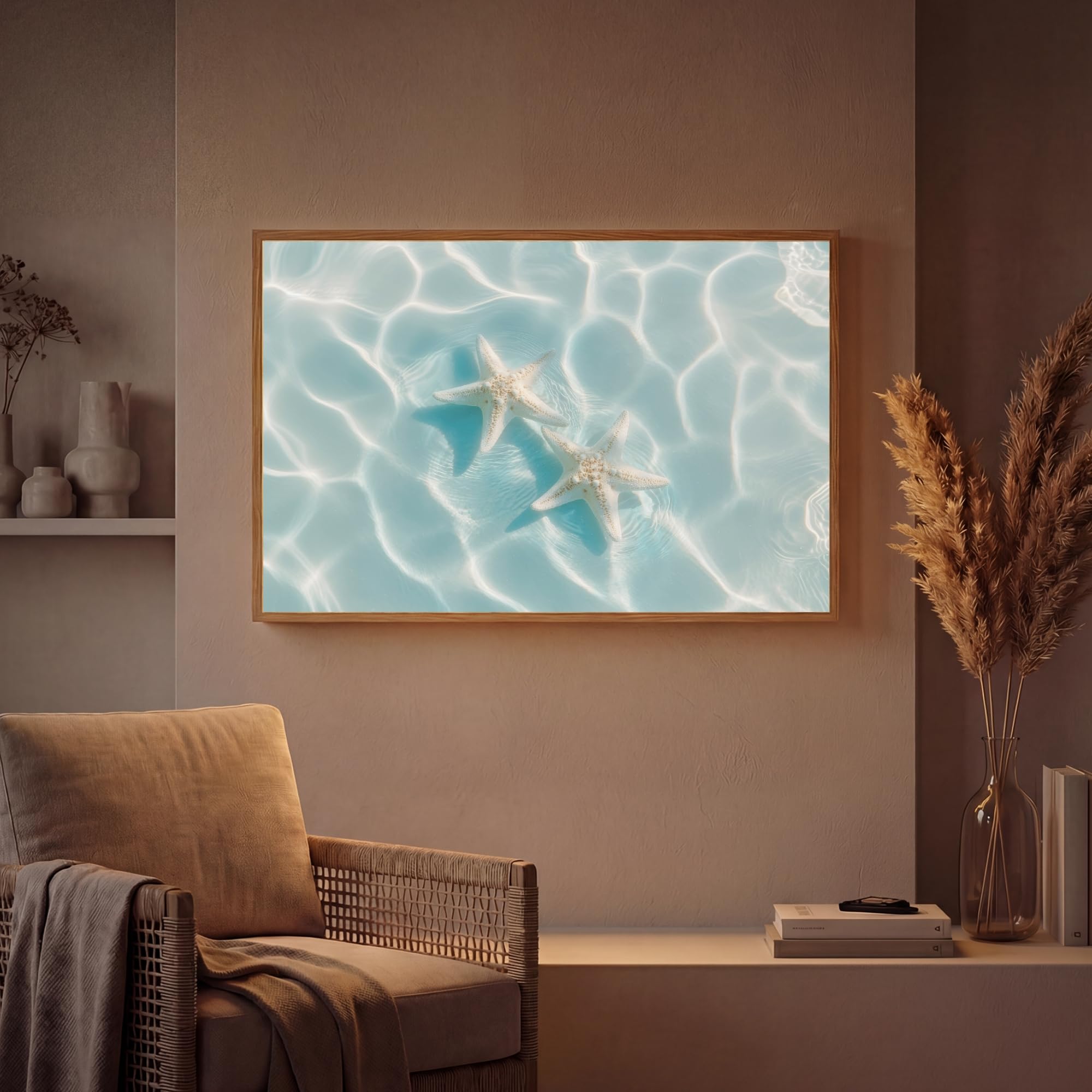 Moderne LED Wandleuchte Innen 90x60 cm Aufladbar Wandbeleuchtung Schlafzimmer Nachtlampe Flach Fernbedienung Warmes Still Licht Dimmbare Lampe Seesterne - Gewelltes Wasser - Beruhigend