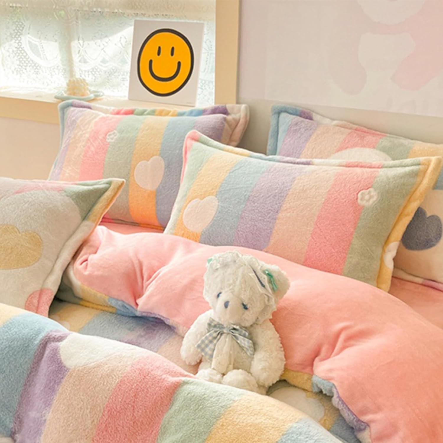 MorroMorn Decorative Pillows Covers Pink Kawaii, 2 Packs Plush Pillow Cases Standard Size, Soft Furry Throw Pillowcase Cushion Shams with Zipper Closure Girls Room Decor (Rainbow Love, Standard) - Image 6