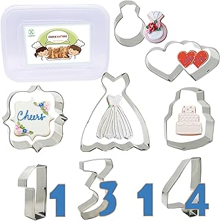 Wedding Cookie Cutters 8-Pc Set with Storage Box, Wedding Dress, Wedding Cake, Square Plaque, Diamond Ring, Double Heart, ...