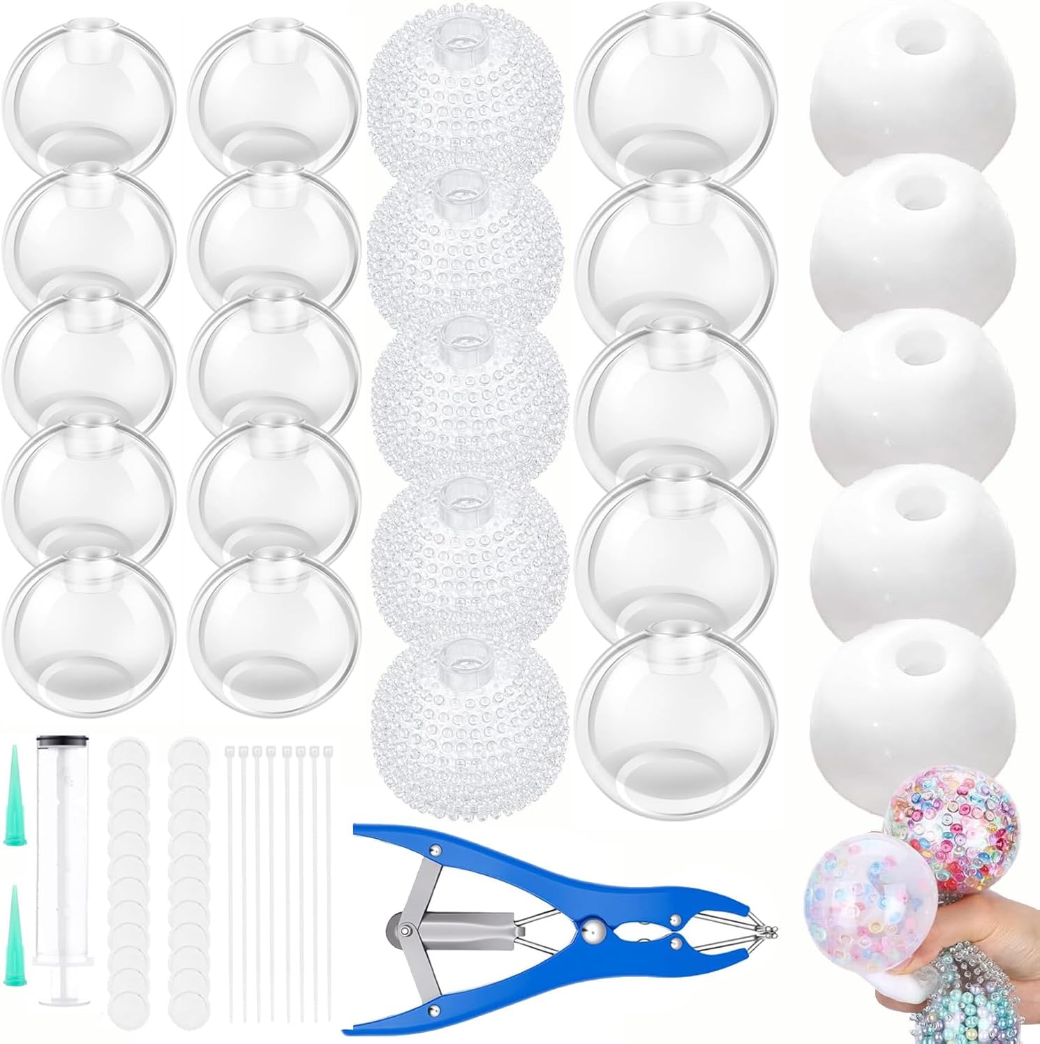 25CPS DIY Stress Ball Making Kit , Empty Stress Ball Skin with Expander & Vacuum Tool, Complete Squishy Maker Kit for Adults Kids (25PCS-(Clear 4cm, 6cm, Barbed 6cm, White 6cm))