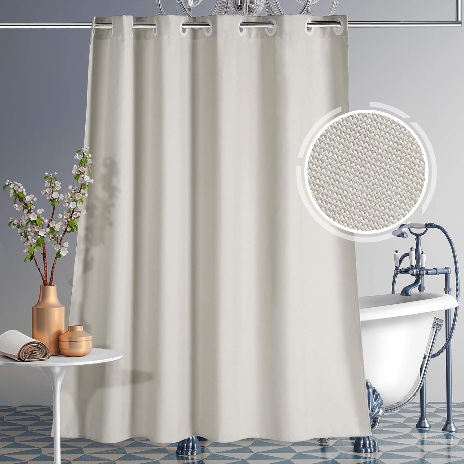 Lagute CozyHook Heavy Duty Linen-Like Hook Free Shower Curtain, Machine Washable, Weighted Hem & 240 GSM Fabric, Hotel Grade Bath Curtain, 72Wx78L, Greige
