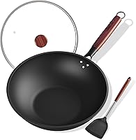 ziluetar 13-Inch Pre-Seasoned Carbon Steel Wok with Glass Lid & Silicone Spatula - Non-Stick Stir Fry Pan for Induction, Gas, Electric Stoves