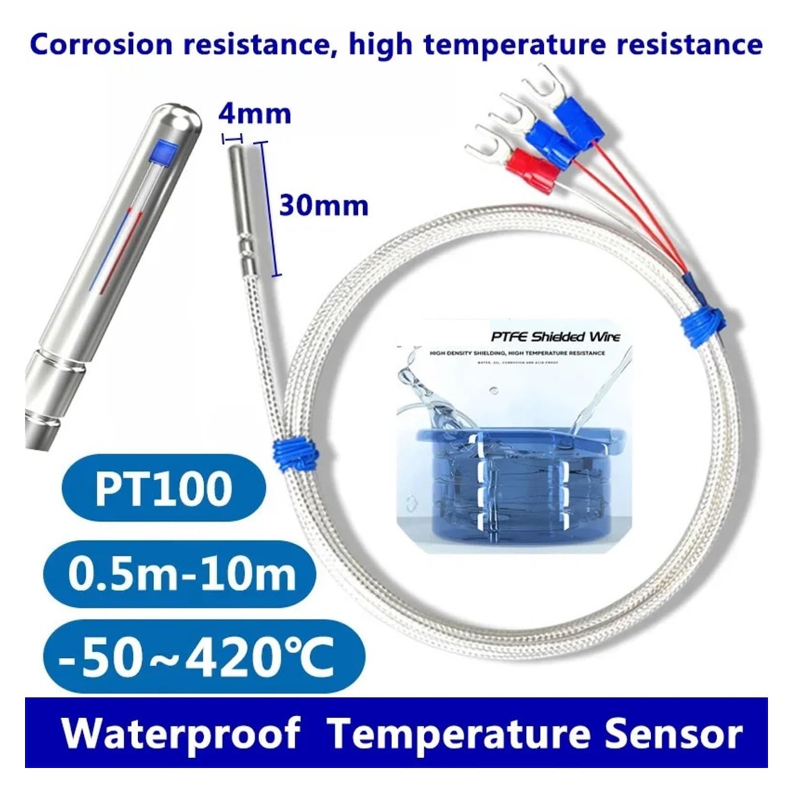 Termopar Con Sensor De Temperatura PT100 Acero Inoxidable Cable 0,5/1/2/3/4~10M Resistente Al Agua A Altas Temperaturas | PT100 Type 10M