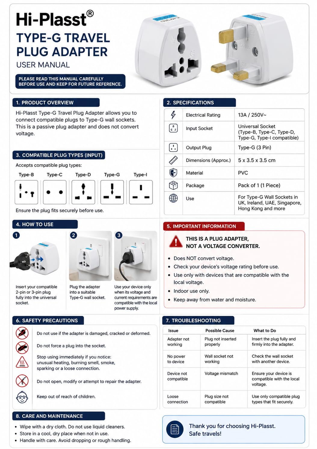 Hi-Plasst UK Type G Travel Plug Adapter Pack of 1, Universal Socket for Indian 2-Pin & 3-Pin Plugs, 13A 250V, Compact Travel Adapter for UK, UAE, Ireland, Singapore & Hong Kong — Amazon image 4