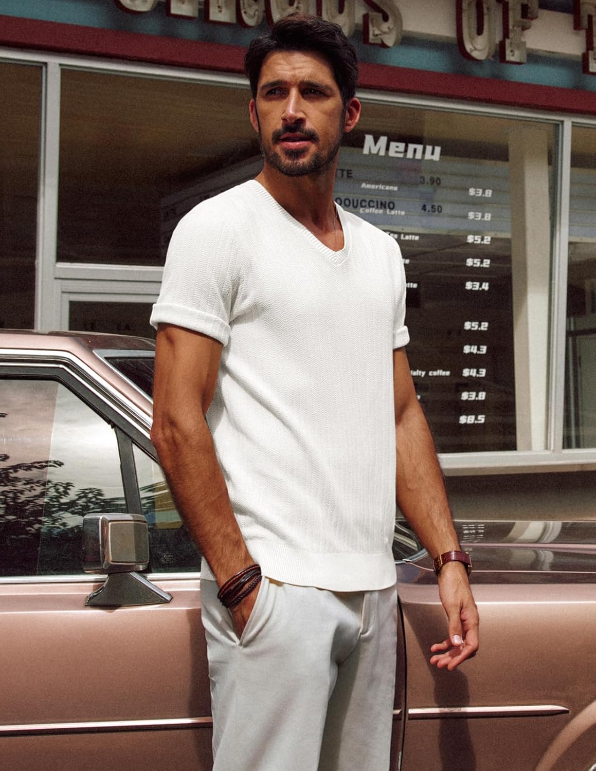 PJ PAUL JONES Mens T Shirts V Neck Short Sleeve Textured Herringbone Modern Fit Knit Shirts - Image 2