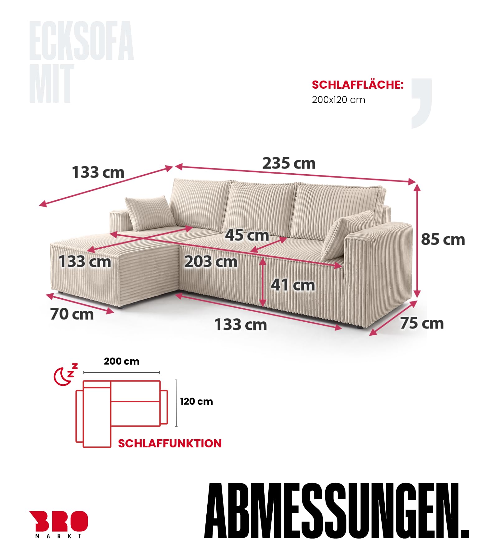 BROMARKT Sofa mit Schlaffunktion L Form Ecksofa mit Bettkasten Hellbraun | Couch Eckcouch Schlafcouch Schlafsofa Sofabett Eckschlafsofa 235x133x85 cm 3 Sitzer Wohnlandschaft Cordstoff PILO