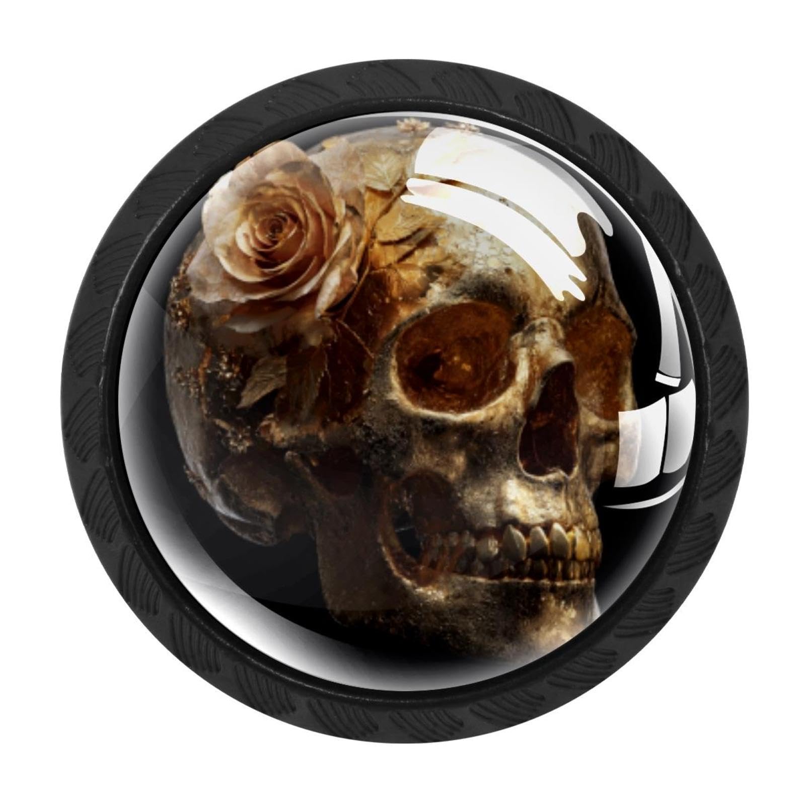 CHENZZZZ 4 Pack Cabinet Handles Black Skull Golden Rose (4) Cabinet Knobs Draw