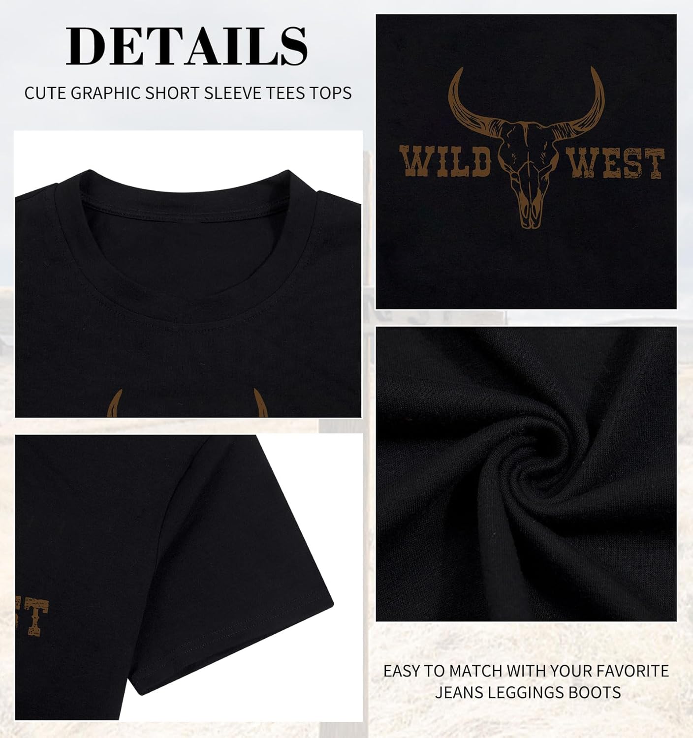 Boho Cow Skull Shirt Women Bull Skull Graphic Cowboy Shirt Wild West Cowgirl Tee Tops - Image 6