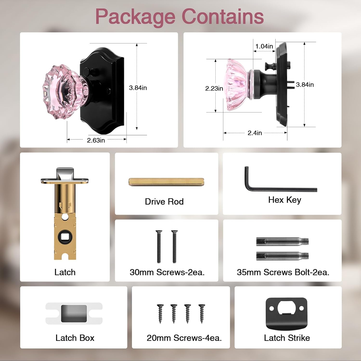 Crystal Door Knobs, Pink Black Glass Door Knobs Interior Rose Shape with Lock Privacy Function, Vintage Antique for Bedroom Bathroom