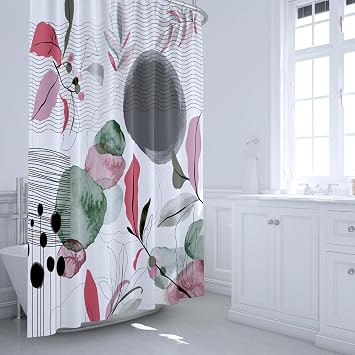 Gorgeous Boho Shower Curtain, Abstract Mid Century Shower Curtain Set Light Red Leaves Bath Curain Modern Minimalist Bathroom Decor Watercolor Green Shower Curtains with Hooks, 72" x 72