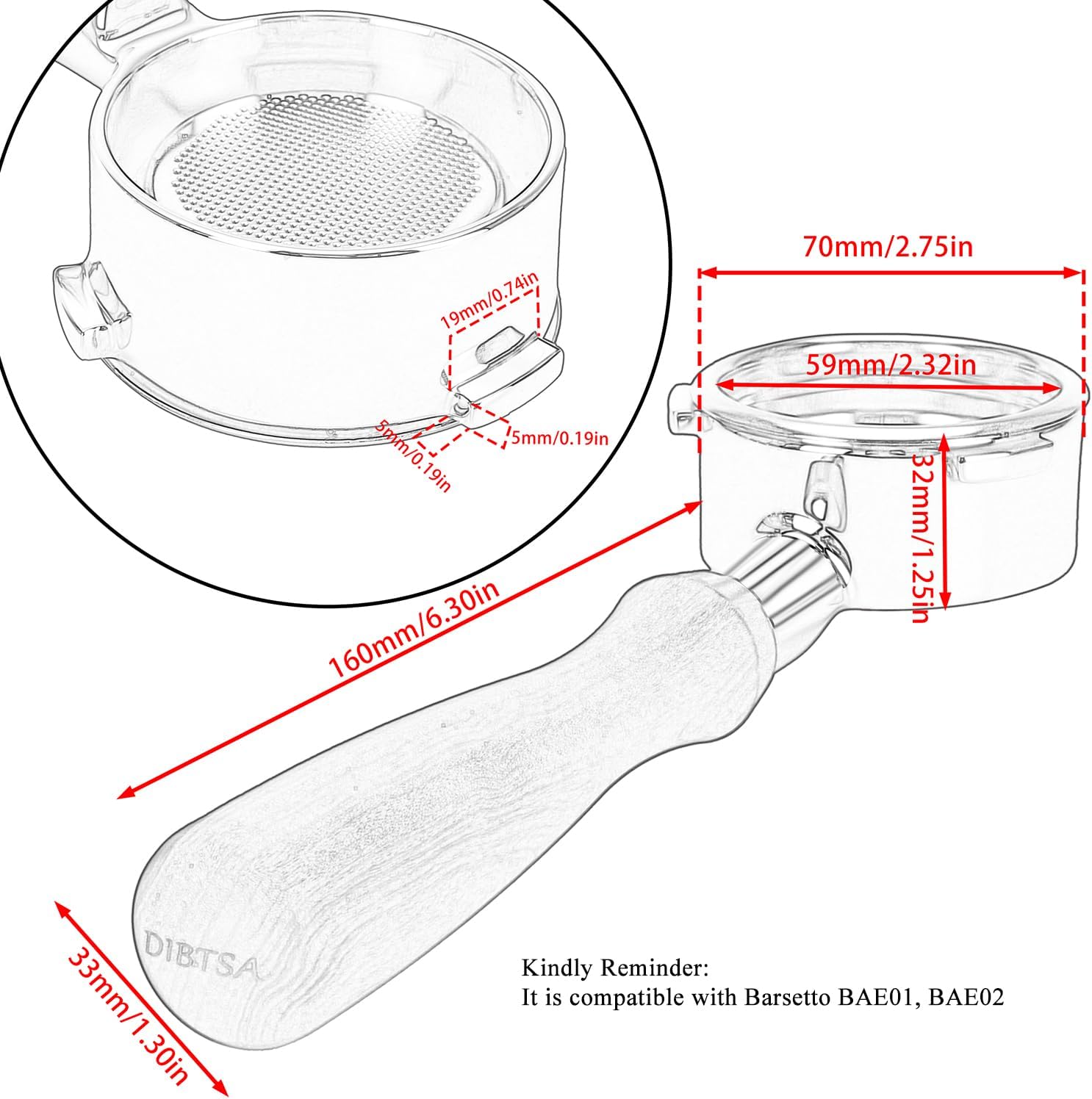 Diagram showing dimensions of the DIBTSA 58mm Bottomless Portafilter, compatible with Barsetto BAE01 and BAE02.