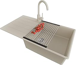 PRIMAGRAN Fregadero Granito Beige 90x50cm, Cocina 1 Seno + Grifo 32x20cm + Sifón + Enrollable Escurridor, Sobre encimera al mueble 60cm - Copenhague