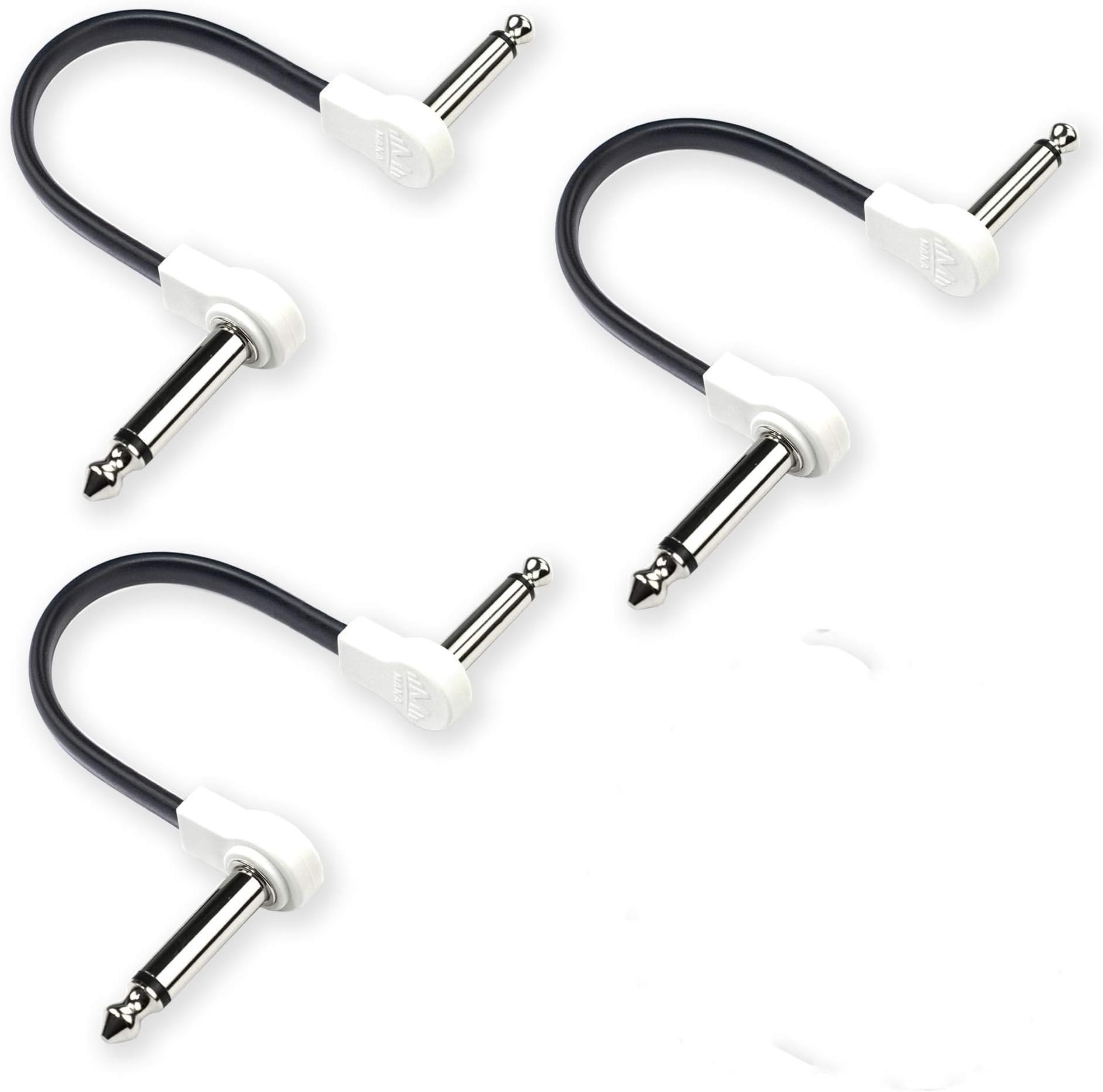 Flat Low Profile Guitar Patch Cable 6 inch for Effects Pedals, 1/4 inch Right-Angle, White, 3-Pack New Version