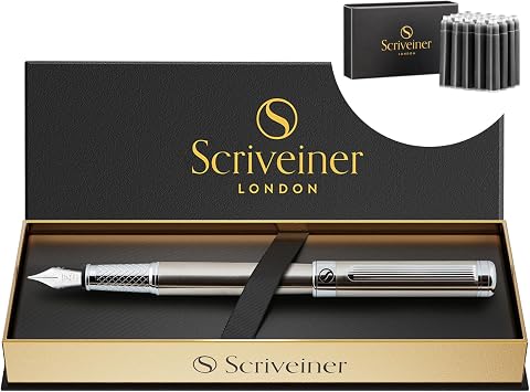 Scriveiner Stainless Steel Fountain Pen - Stunning Luxury Pen with Steel Finish, Schmidt Steel Nib Fine, Bundle with Fountain Pen Ink Cartridges - Black - 20 Standard International, Made in UK