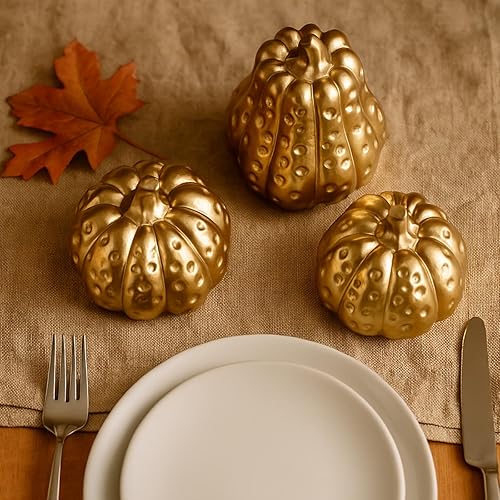 Miniatura 6 de Yookeer 3 piezas de decoración de calabaza de otoño de Acción de Gracias, calabazas decorativas de resina dorada, centro de mesa de otoño, calabaza