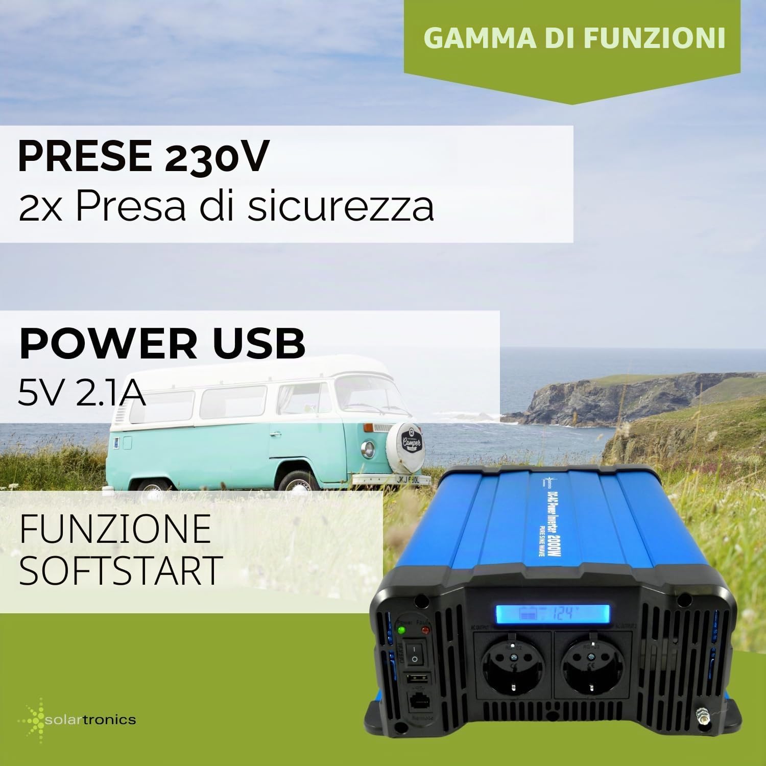 Solartronics Convertitore di Tensione FS2000D 12V 2000/4000 Watt Onda Sinusoidale Pura Blu M.Schermo FS Serie Inverter