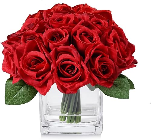 18 cabezas de rosas rojas falsas en jarrón con agua falsa, rosa de seda con jarrón para mesa de comedor, dormitorio, decoración de boda (rojo)