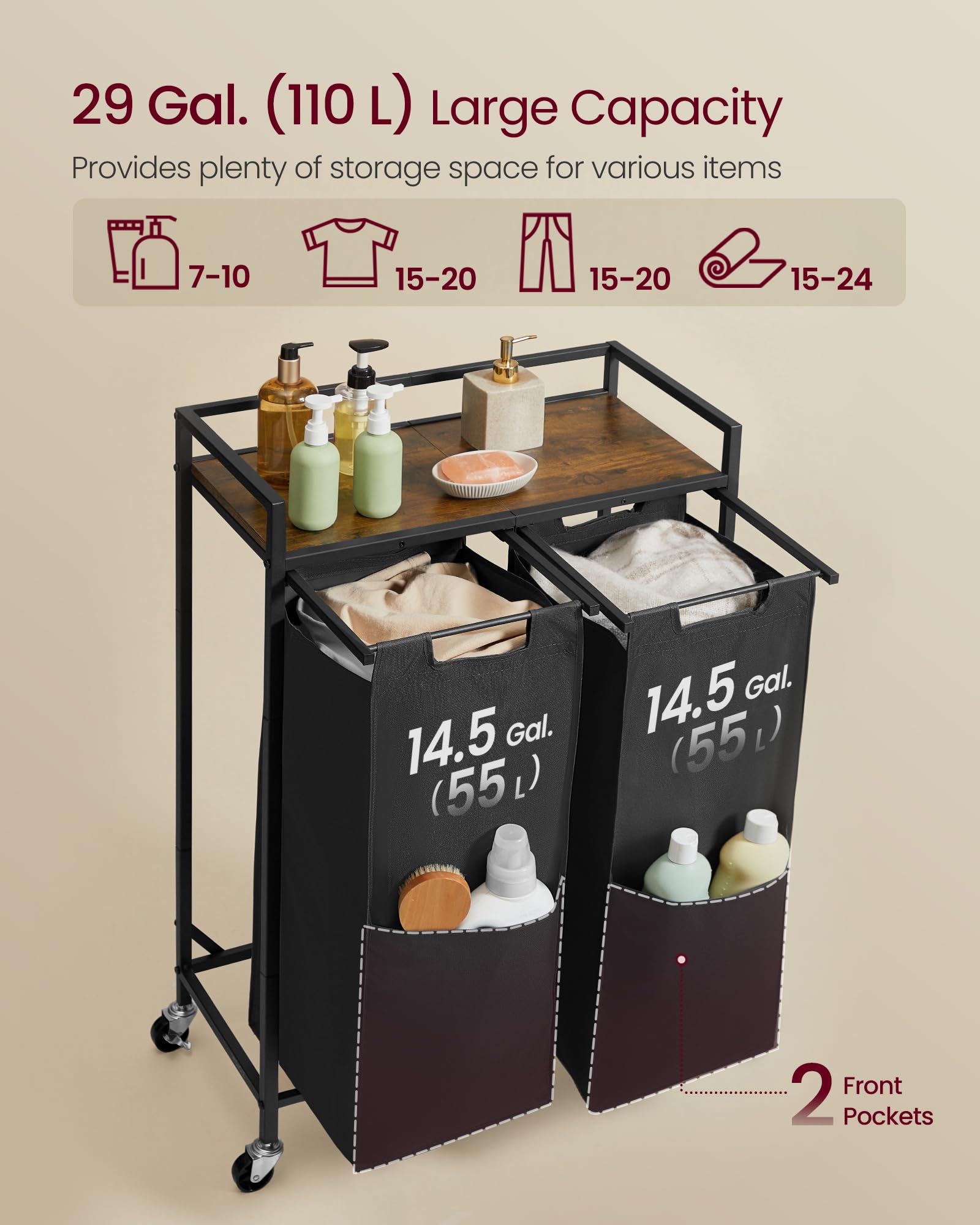 VASAGLE Wäschesortierer, 29 Gall.(110L) Wäschekorb mit 2 Fächern, Rollwagen mit Rollen, Ablage, abnehmbare Taschen, Taschen, Tintenschwarz und rustikales Braun UBLH021B01