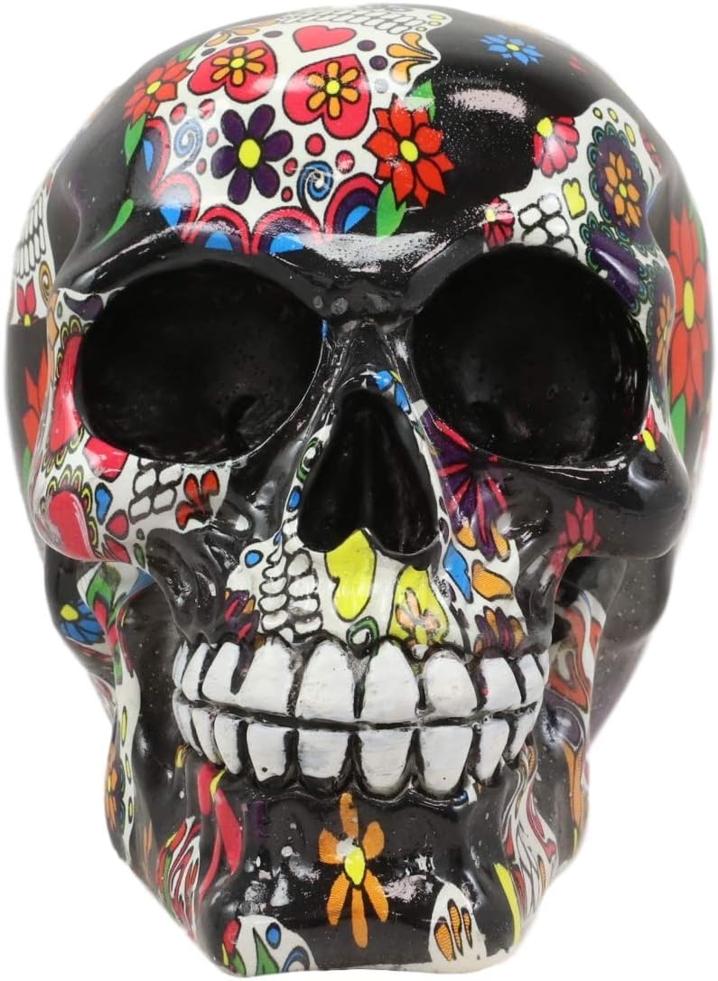 Ebros Gift Day of The Dead Black Sugar Skull with Floral Parade Mask Skulls Imprint Statue As Decorative Halloween Prop Gothic Haunted Themed Skeleton Cranium Figurine