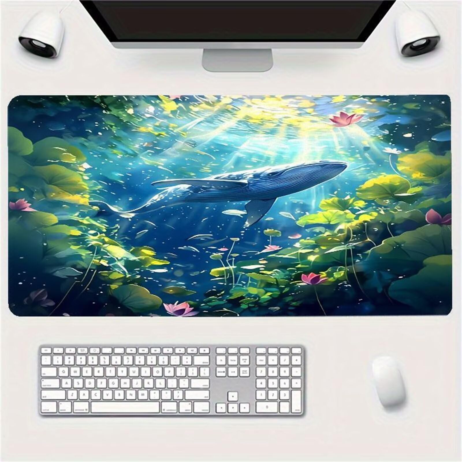 Tappetino per Mouse da Gioco XXL 1200x600x3 mm, Desk Pad Grande con Bordi Cuciti, Base in Gomma Antiscivolo, Accessorio per Ufficio e PC (Fiori Delfini)