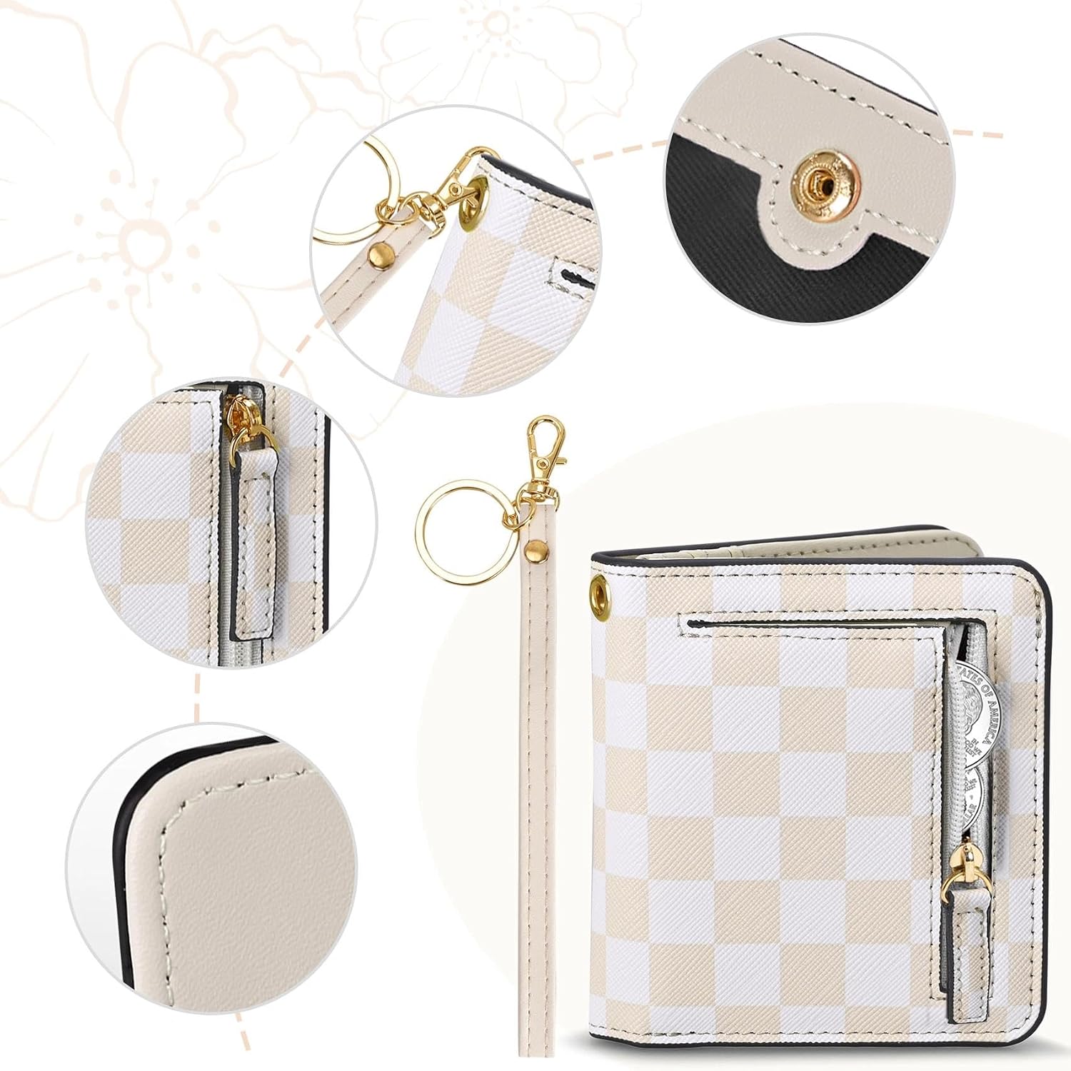 COSHAYSOO Checkered RFID Slim Bifold Wallet for Women Teen Girls with Wristlet Keychain, Small Wallets Woman Cute Graduation Birthday Travel Gifts for College Teenager Cream