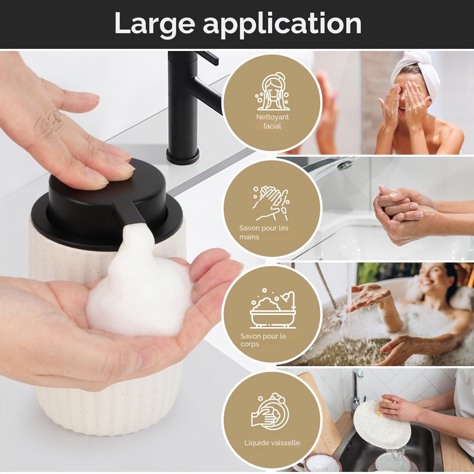 Segbeauty Distributeur Savon Mousse, 320ml Flacon Mousseur Vide, Distributeur Gel Douche en Céramique, Distributeur Shampoing et Gel Douche, Soap Dispenser Rechargeable avec Tête de Pompe en Mousse
