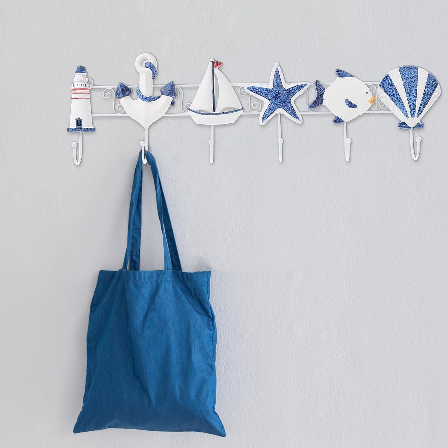 Wooden Mediterranean Style Decorative Coat Hooks 6-Hook Rack Ocean-Inspired Household Hangers for Entryway Wall Storage and Home Organization