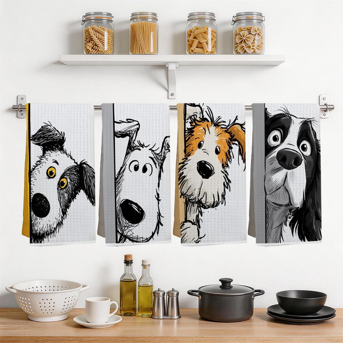 JIUWEIHU 4 Pcs Funny Dog Kitchen Towels, Cute Dogs Gifts Hand Tea Towels for Kitchen Bathroom Home Decor, Dogs Waffle Weave Absorbent Dish Towel, Dog Lover Gifts for Women Mom Friend 14x24 Inches