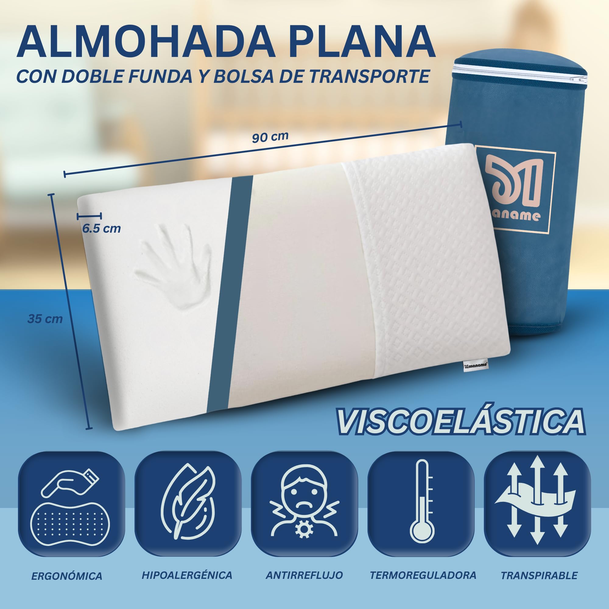 maname Almohada Infantil. 90x35x7cm Viscoelastica Ergonómica Hipoalergénica – Almohada Niños 3 Años Plana Hecha en España – Almohada de 90 para Niños con Doble Funda Algodon Memory Foam Kids Pillow