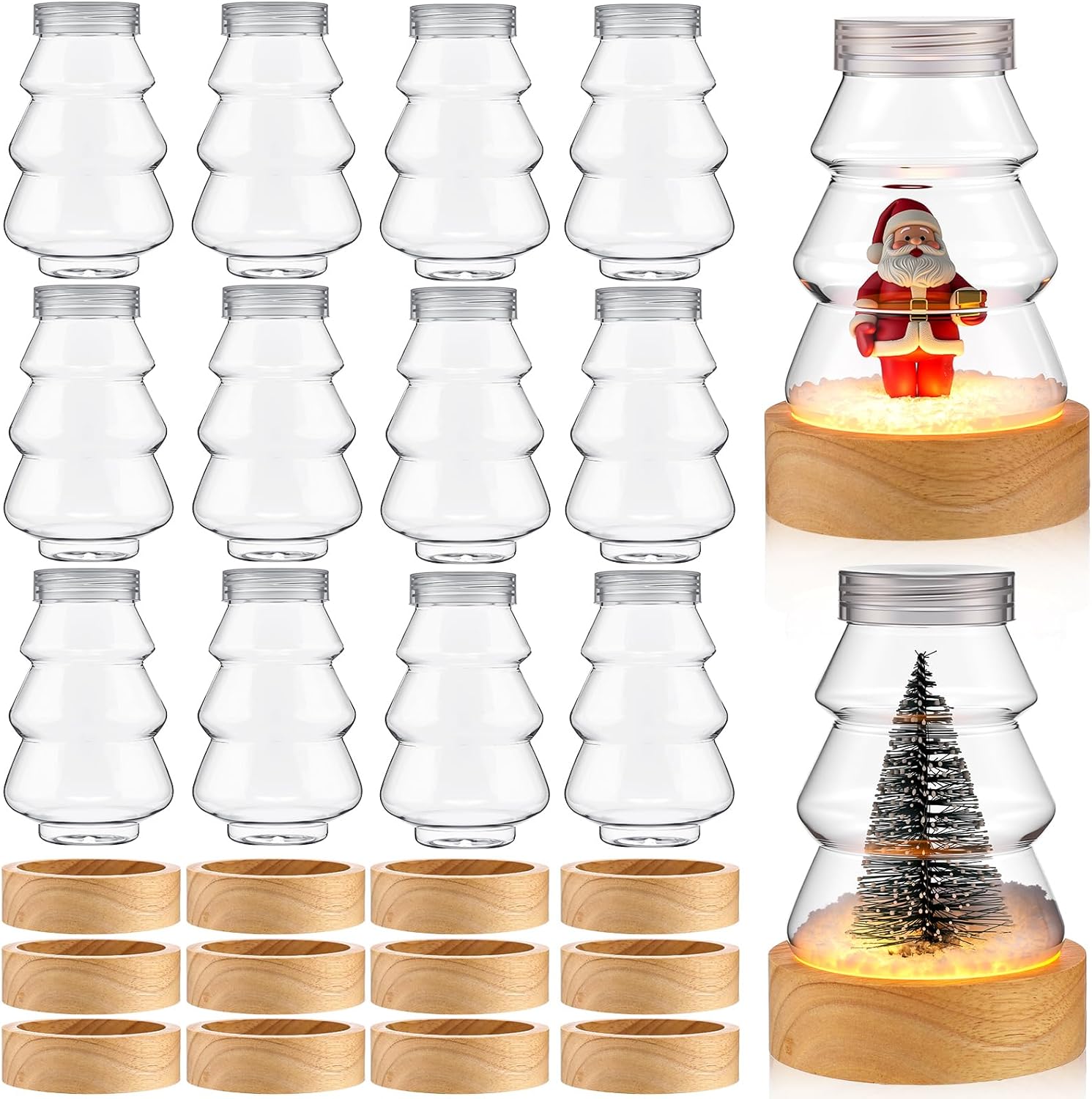 Irenare 12 Set Christmas Snow Globe DIY Kit Christmas Tree Shaped Globe Jar with LED Light Wooden Base 5.5 Inches/140 mm Plastic Clear Water Globes with Screw Off Cap Candy Cookies Jar for Crafts