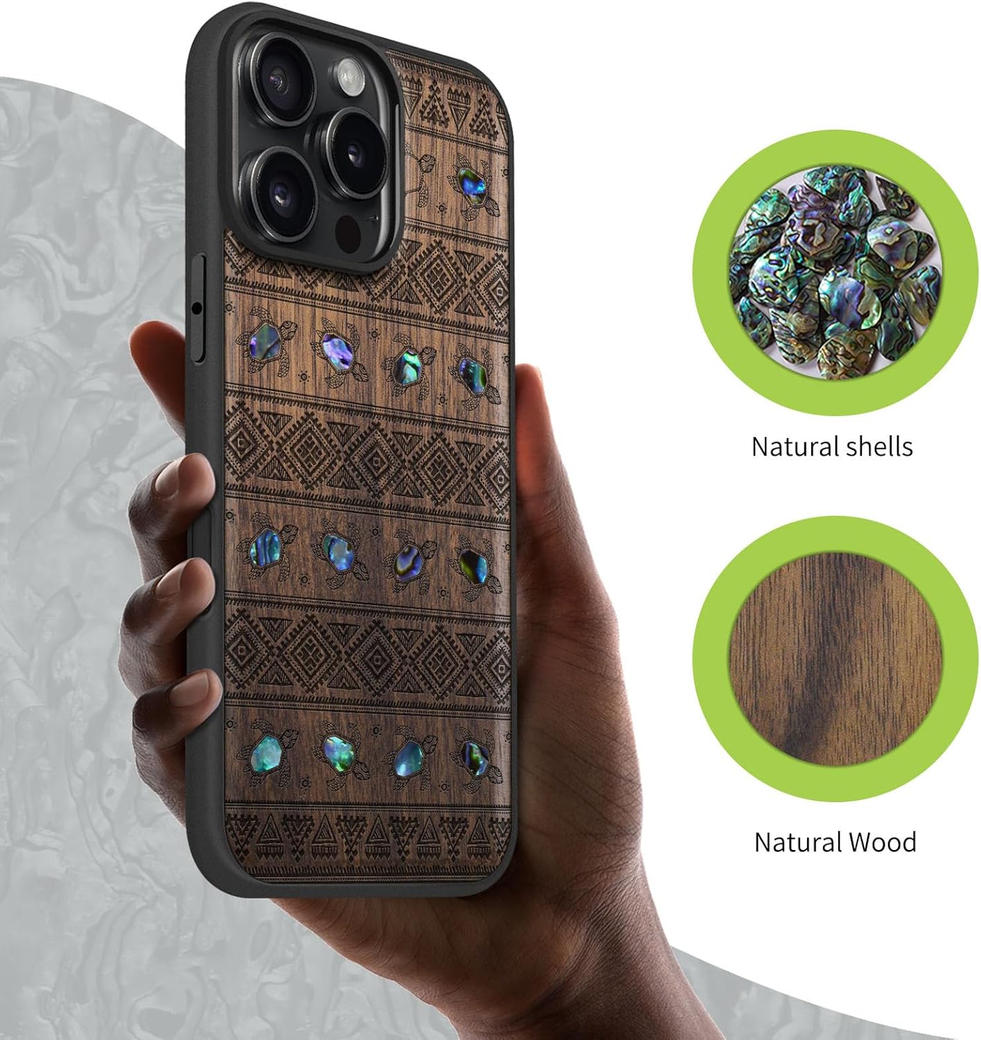 Carveit Magnetic Case for iPhone 16 Pro Max Case, Wood Artisan Engraved & Handmade Shell Inlaid, TPU Shockproof Cover, Compatible with MagSafe Wireless Chargers (Sami Turtles) Walnut