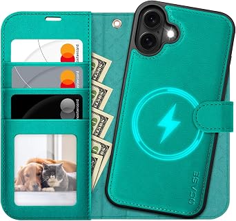 OCASE for iPhone 17 Detachable Wallet Case with Card Holder, 2 in 1 PU Leather Flip Folio with RFID Blocking Stand Wrist Strap Shockproof Phone Cover 6.3 Inch 2025, Blue Green