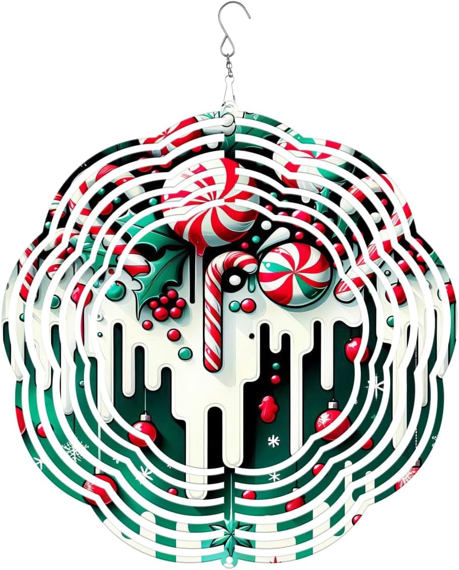 Candy Cane Christmas Wind Spinners 3D Stainless Steel Laser Cut Metal Double Sided Printing-Hanging Indoor/Outdoor Decorations Yard Gardening Decor,Metal Kinetic Art 16x16 inches