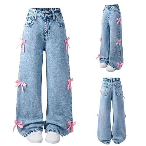 Bow Jeans for Girls Wide Leg Baggy Denim Pants Cute High Waisted Trousers Kids Casual Y2k Streetwear with Pockets 6-14Y