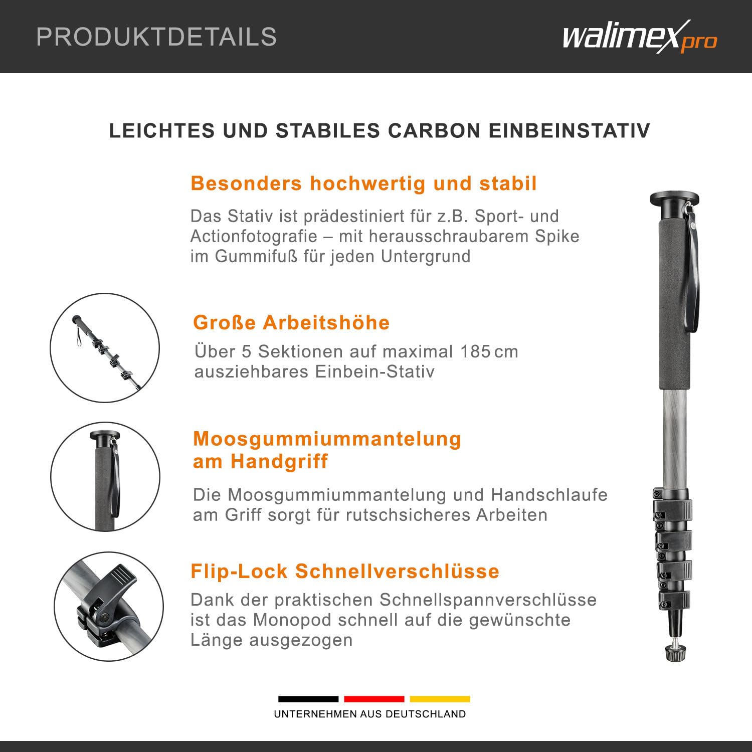 Walimex Pro WAL-1983 Carbon-Pro-Einbeinstativ (185 cm max. Höhe)