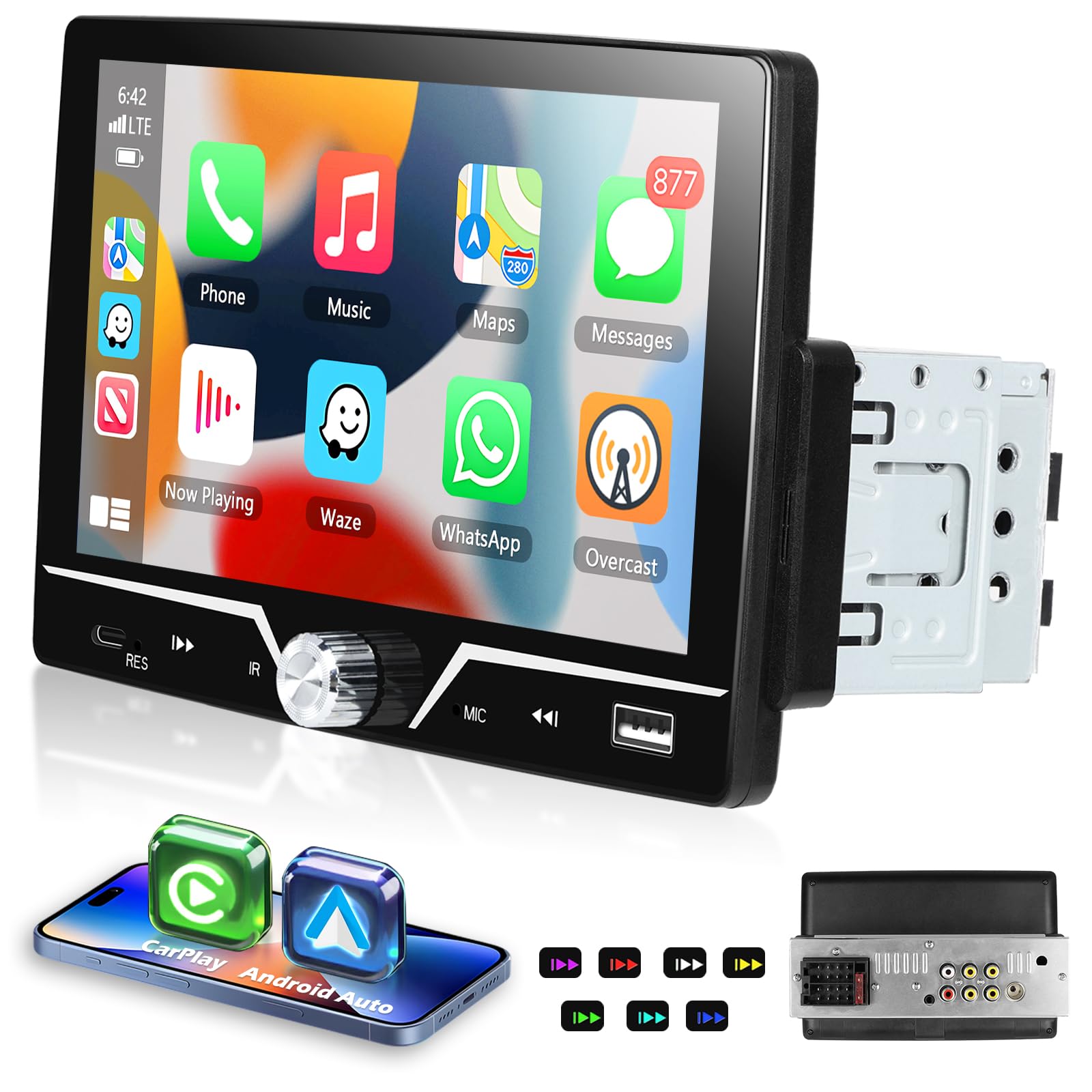 1 Din Autoradio con Wireless Carplay Android Auto, 7 Pollici Touch Screen Bluetooth Car Stereo, Support Type-C/USB/Bluetooth/MirrorLink/FM/Carica/Retroilluminazione colorata