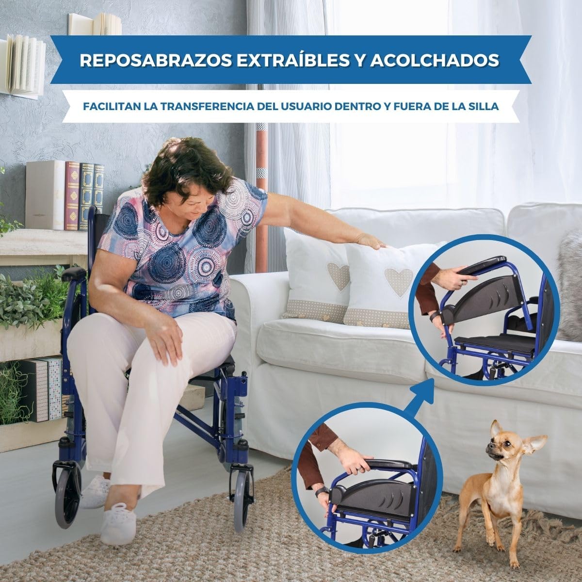 Mobiclinic®, Silla de ruedas plegable, Maestranza, Frenos estacionamiento, Asiento 45 cm, Reposapiés extraíbles, Reposabrazos abatibles y acolchados, Pequeñas, Resistente, Color negro