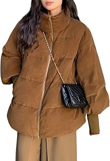 Womens Cropped Puffer Jacket Winter Baggy Stand Collar Zip Up Quilted Coat
