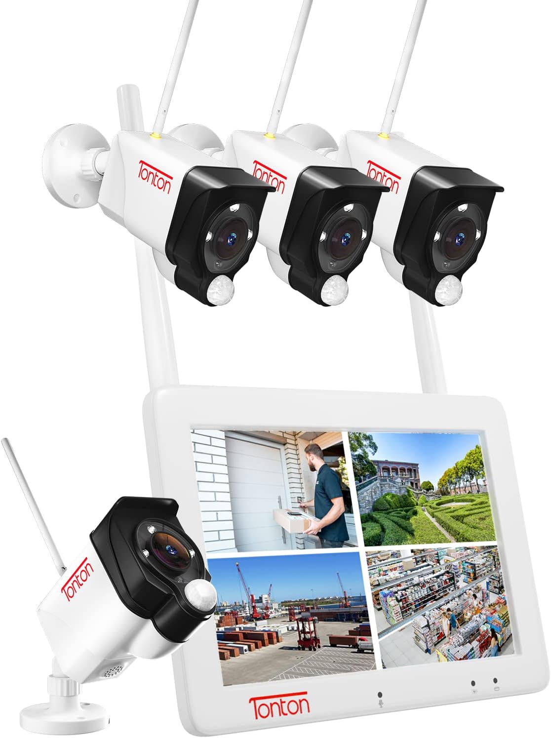 Tonton (Touchscreen+2 Way Audio) 3MP CCTV Camera System Wireless Outoor with 7" LCD Portable Monitor and 32GB, 4x3MP Floodlight IP Cameras, PIR Motion Detection, Color Night Vision, Recharge Battery