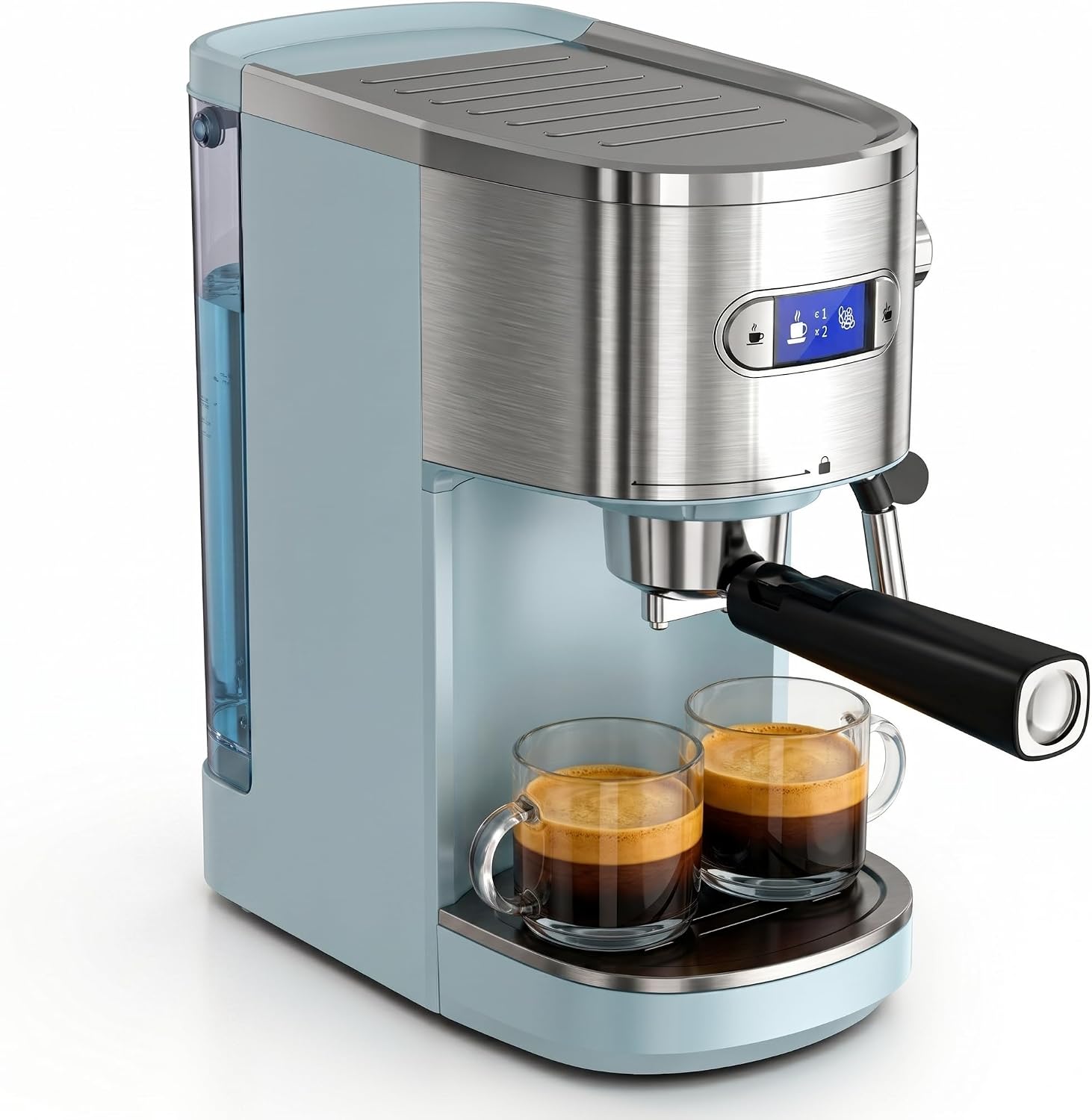 COWSAR Blue 20-Bar Espresso Machine: Dual-use (grounds/capsules), steam wand for lattes, cup warmer & removable tank. Professional home brewing made easy.