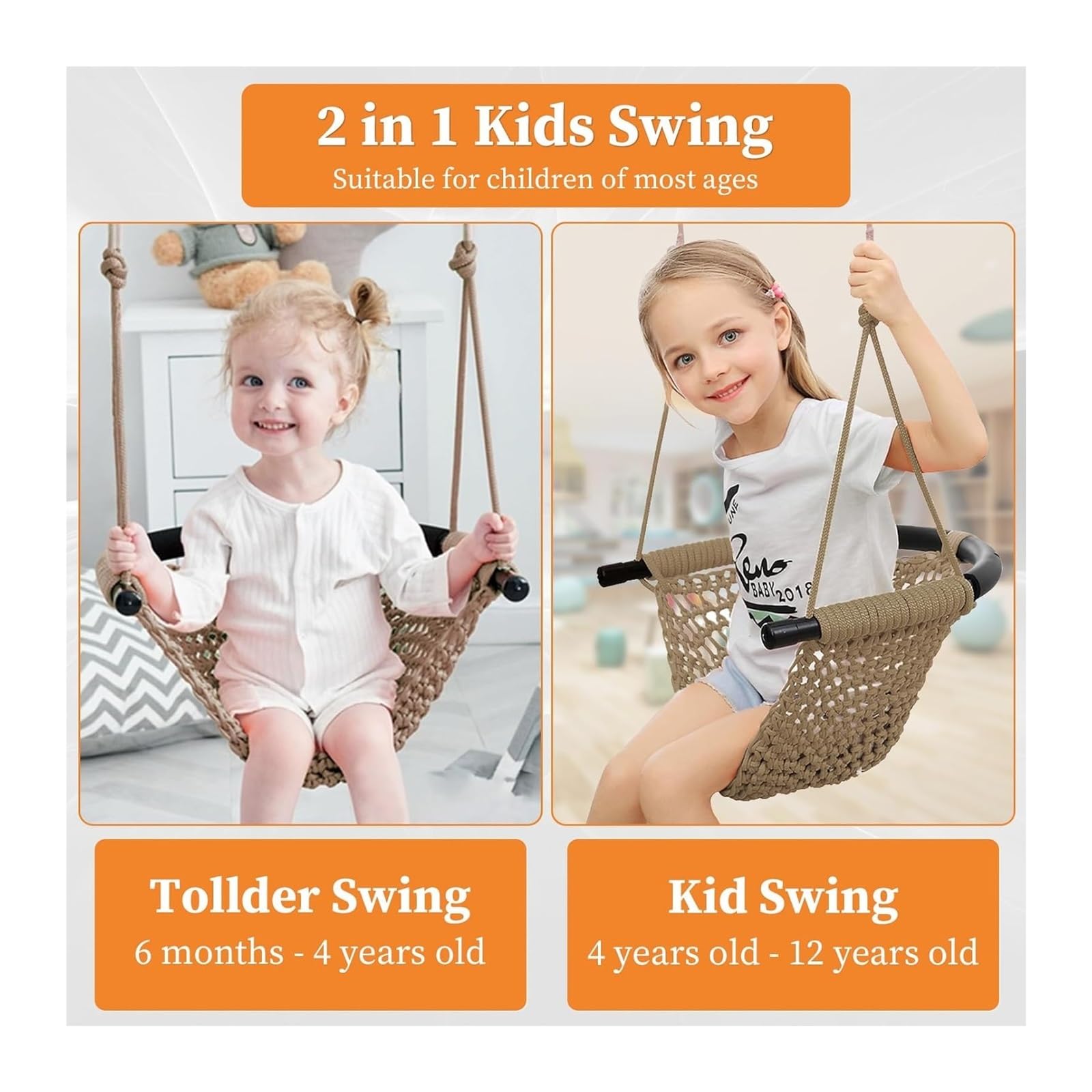 Swing Seat For Kids,Little Swing Set,Hand-Knitting Toddler Swing With Adjustable Ropes - Image 4