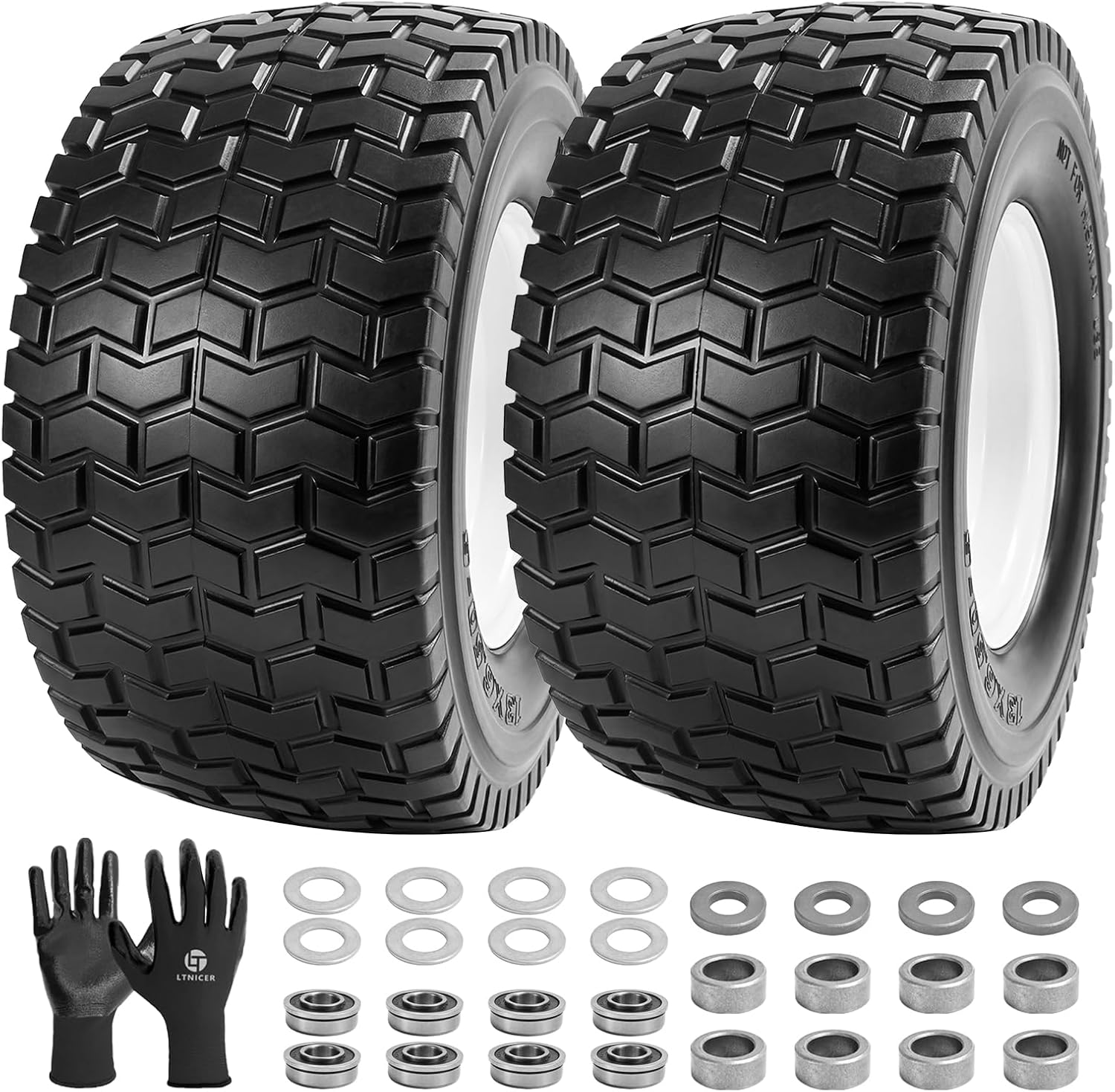 (2-Pack) 13x6.5-6 Flat Free Lawn Mower Tire and Wheel for Garden Tractor Riding Lawn Mowers, 13x5-6 Riding Lawnmower Tire with 3"-6" Centered Hub and 3/4" & 5/8" Bearings